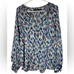 Hazel Blue Pink Ikat Abstract V-Neck Long Sleeve Blouse Top H35437 Womens M